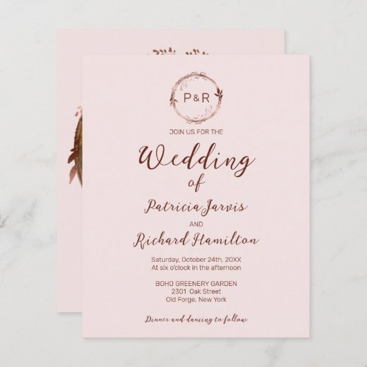 Papier Faire-part de mariage budget Rose Brumeuse Monogra (Devant / Derrière)