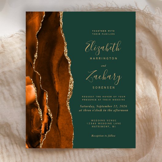 Papier Faire-part de mariage Budget Rust Dark Green Agate