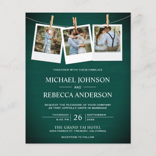 Papier Faire-part de mariage budget rustique en bois vert (Devant)