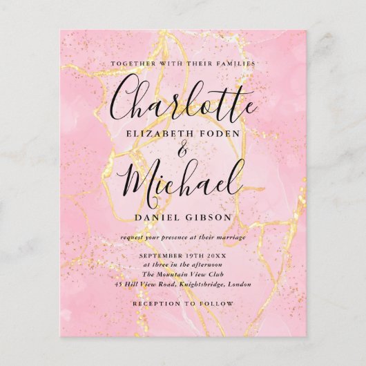 Papier Faire-part de mariage Budget Signature Script Rose (Devant)