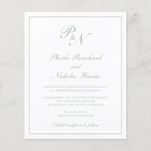 Papier Faire-part de mariage Budget vert Monogramme Sage (Devant)