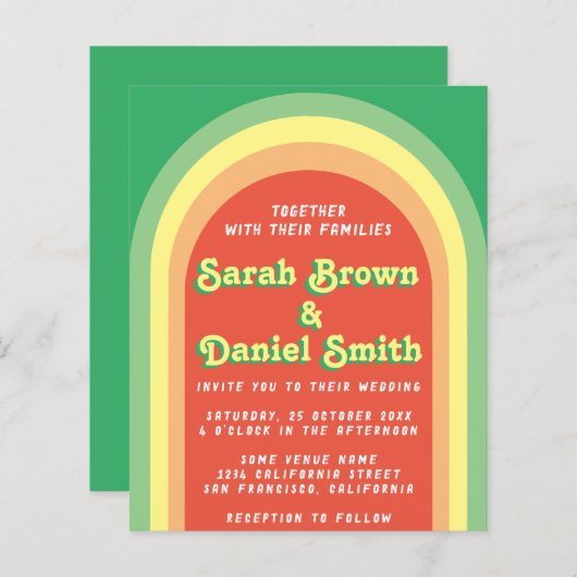 Papier Faire-part de mariage budget vert Retro Funky Arch (Devant / Derrière)
