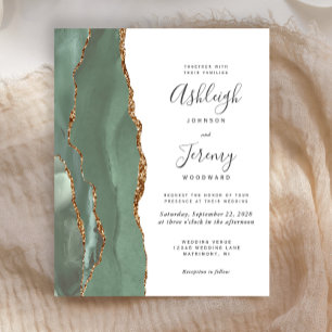 Papier Faire-part de mariage Budget Vert Sauge Or Agate