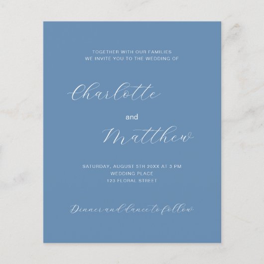 Papier Faire-part de mariage budgétaire de script bleu fo (Devant)