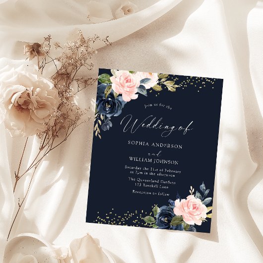 Papier Faire-part de mariage budgétaire Deep Navy & Blush