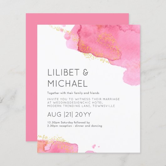 Papier Faire-part de mariage BUDGÉTAIRE Moderne Rose-Blan (Devant / Derrière)