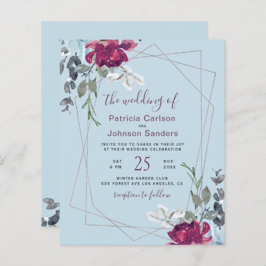 Papier Faire-part de mariage chic bleu bordeaux budget (Devant / Derrière)