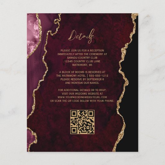 Papier Faire-part de mariage Code QR Agate Dorée Bourgogn (Dos)