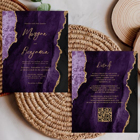 Papier Faire-part de mariage code QR écriture agate viole