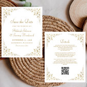 Papier Faire-part de mariage Code QR Feuillage Script Or