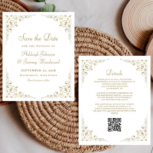 Papier Faire-part de mariage Code QR Feuillage Script Or