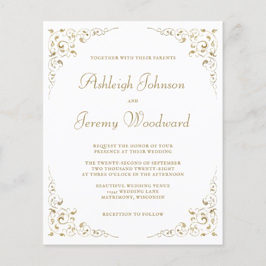 Papier Faire-part de mariage Code QR Feuillage Script Or (Devant)
