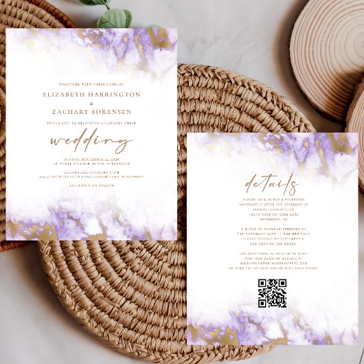 Papier Faire-part de mariage code QR lavande or marbre pa