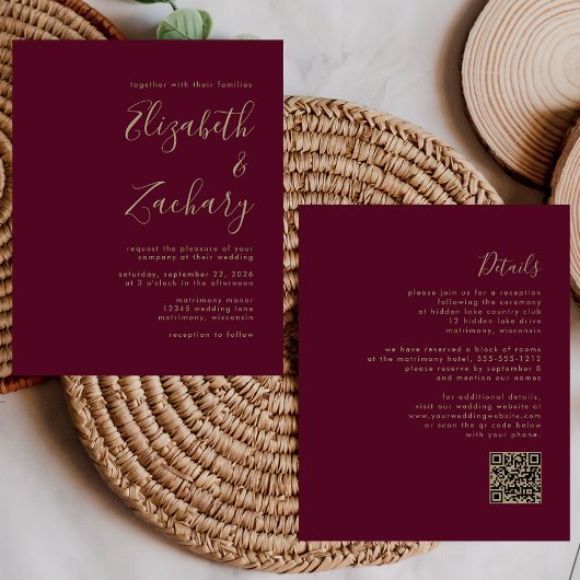 Papier Faire-part de mariage Code QR Or Budget Bourgogne