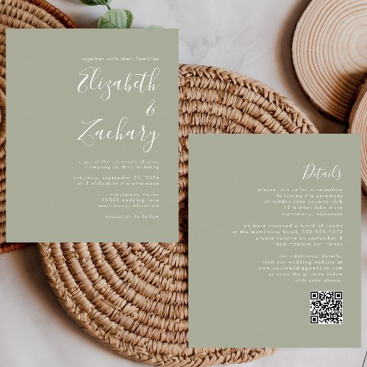 Papier Faire-part de mariage Code QR Vert Sauge Budget Sc