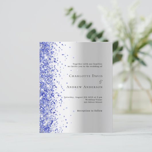 Papier Faire-part de mariage confetti bleu argenté (Debout devant)