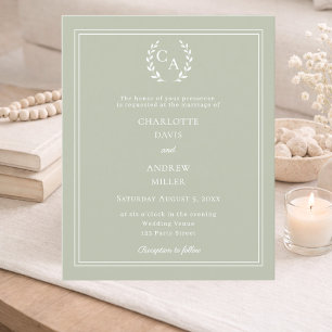 Papier Faire-part de mariage couronne monogramme vert sau
