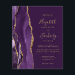 Papier Faire-part de mariage d'âge or violet profond du b<br><div class="desc">Le bord gauche de cette élégante faire-part de mariage moderne est orné d'une bordure d'aquarelle violette ornée d'une parties scintillant en faux or. Le texte personnalisable combine écriture manuscrite couleur or,  copperplate et polices italiques sur un arrière - plan violet profond. L'envers est assorti d'une agate violette et dorée.</div>