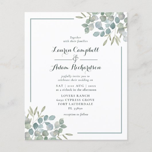 Papier Faire-part de mariage d'aquarelle Eucalyptus Budge (Devant)