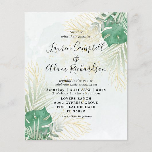 Papier Faire-part de mariage d'aquarelle tropicale budgét (Devant)