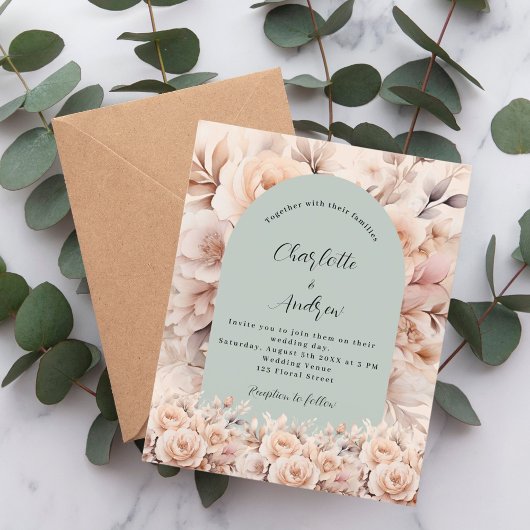 Papier faire-part de mariage d'arche verte rose or sauge