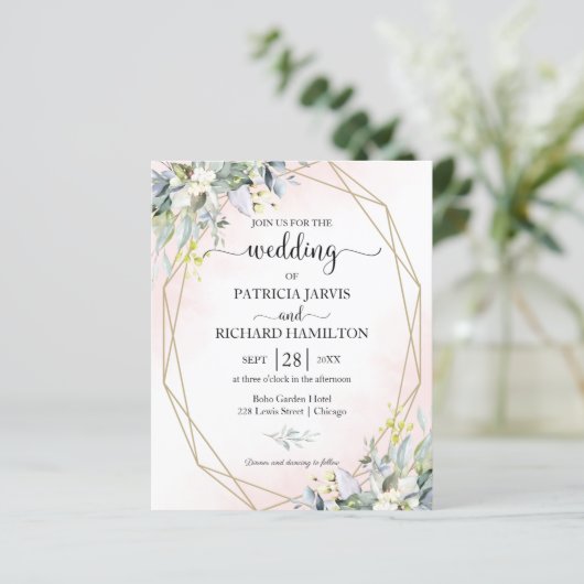 Papier Faire-part de mariage de budget géométrique rose (Debout devant)