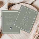 Papier Faire-part de mariage de code QR budget minimal et<br><div class="desc">Ces invitations de mariage tout-en-un élégantes, modernes et économiques sont imprimées sur une feuille de papier. Elles présentent un design de texte minimaliste, vert sauge et blanc, avec un cadre classique à la bordure. Ajoutez vos initiales ou votre monogramme pour les rendre complètement vôtres. Le verso de l'invitation permet d'ajouter...</div>