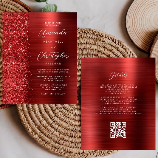 Papier Faire-part de mariage de code QR de Glam rouge bud