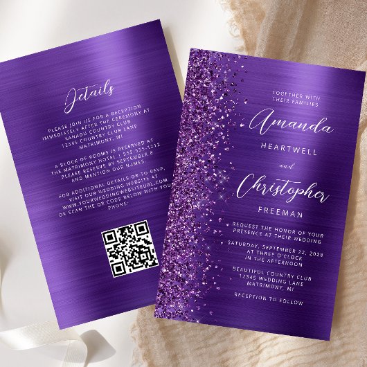 Papier Faire-part de mariage de code QR de Glam violet bu