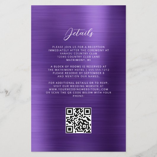 Papier Faire-part de mariage de code QR de Glam violet bu (Dos)