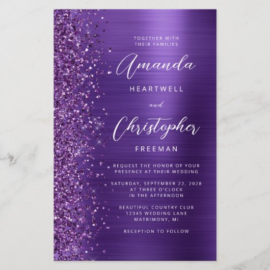 Papier Faire-part de mariage de code QR de Glam violet bu (Devant)