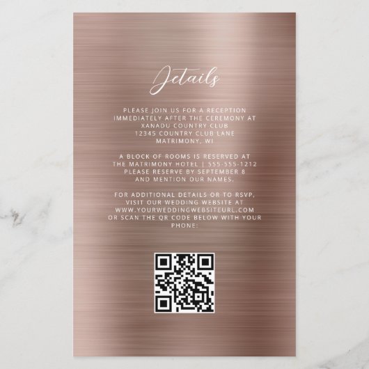 Papier Faire-part de mariage de code QR Gold Glam Rose bu (Dos)