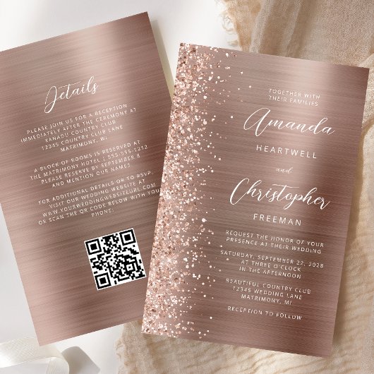 Papier Faire-part de mariage de code QR Gold Glam Rose bu