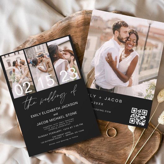Papier Faire-part de mariage de code QR photo noir budget