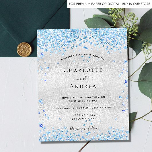 Papier Faire-part de mariage de coeur bleu argent budget