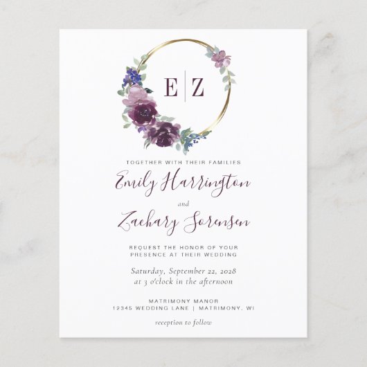 Papier Faire-part de mariage de couronne violet monogramm (Devant)