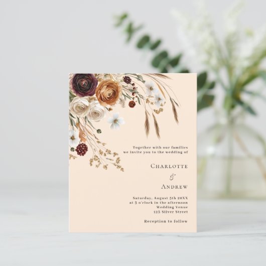 Papier Faire-part de mariage de fleurs de pampas beige bo (Debout devant)