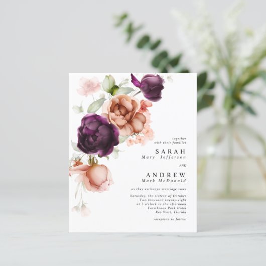 Papier Faire-part de mariage de fleurs de violet et de pê (Debout devant)