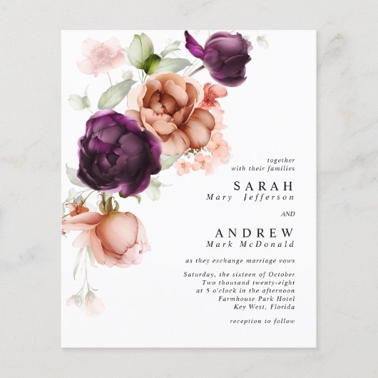 Papier Faire-part de mariage de fleurs de violet et de pê (Devant)