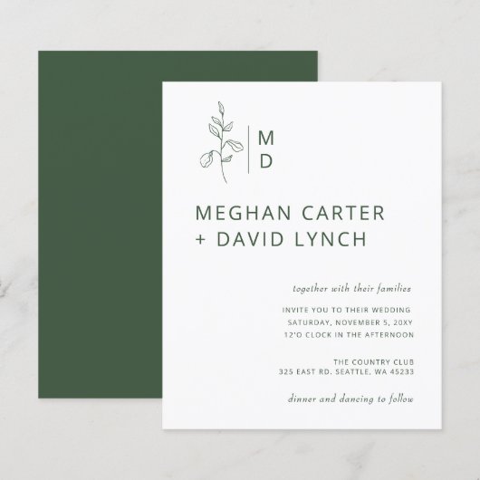 Papier Faire-part de mariage de monogramme végétal vert d (Devant / Derrière)
