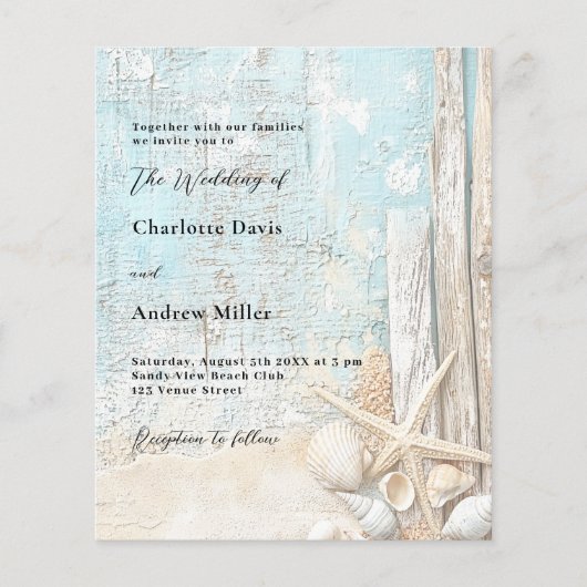 Papier Faire-part de mariage de plage bleu sable (Devant)