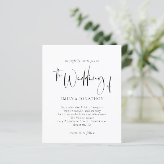 Papier Faire-part de mariage de script monochrome budget (Debout devant)