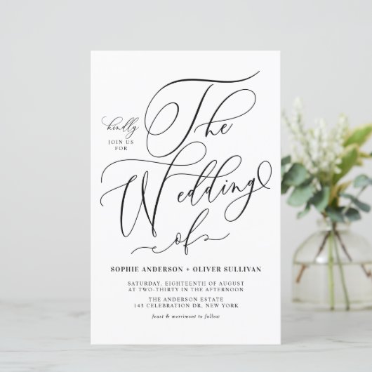 Papier Faire-part de mariage de script noir Whimsical (Debout devant)