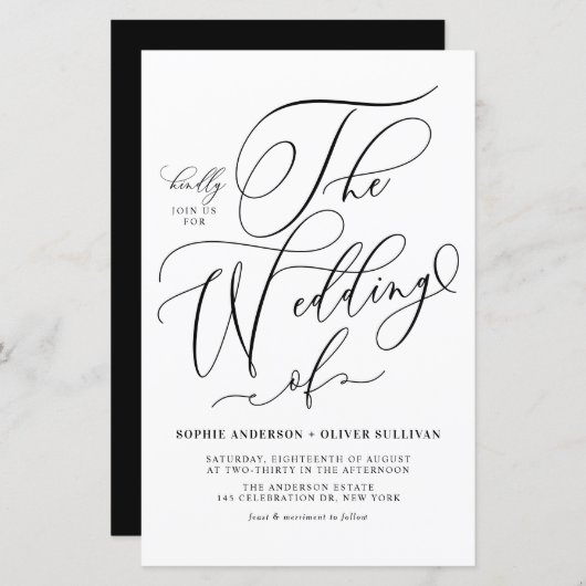 Papier Faire-part de mariage de script noir Whimsical (Devant / Derrière)