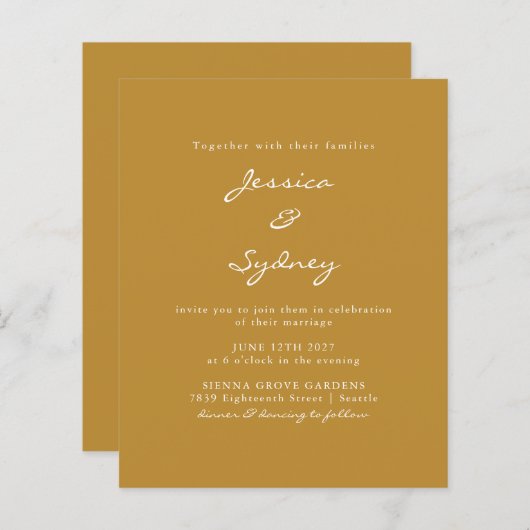 Papier Faire-part de mariage de script ocre moderne Budge (Devant / Derrière)