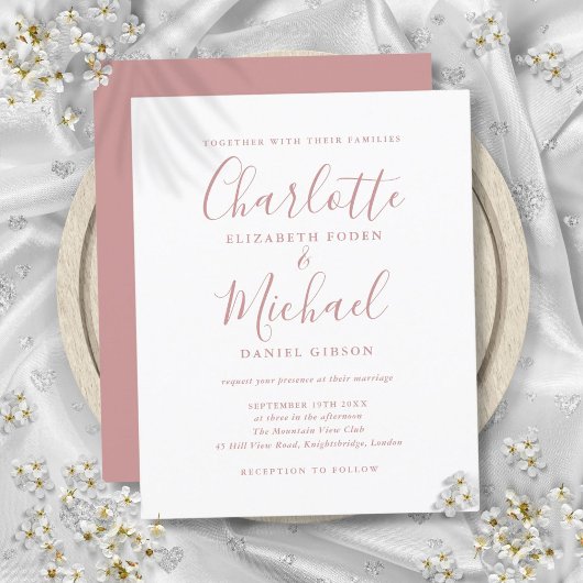 Papier Faire-part de mariage de script Rose Dusty Budget