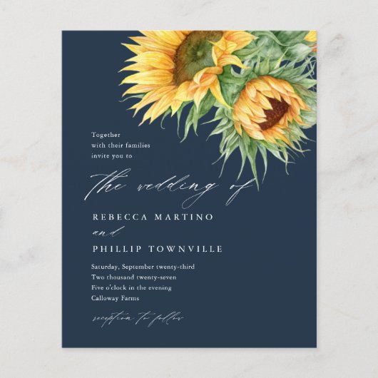 Papier Faire-part de mariage de script Sunflower Budget (Devant)