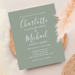 Papier Faire-part de mariage de script vert de la taille<br><div class="desc">Doté de noms de style signature,  cet élégant faire-part de mariage vert sauge budget peut être personnalisé avec vos informations en lettres chic. Conçu par Thisisnotme©</div>