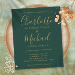Papier Faire-part de mariage De Script Vert Et Or Budget<br><div class="desc">Doté de noms de style signature,  cet élégant faire-part de mariage vert émeraude et or budget peut être personnalisé avec vos informations en lettrage chic. Conçu par Thisisnotme©</div>