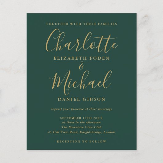 Papier Faire-part de mariage De Script Vert Et Or Budget (Devant)
